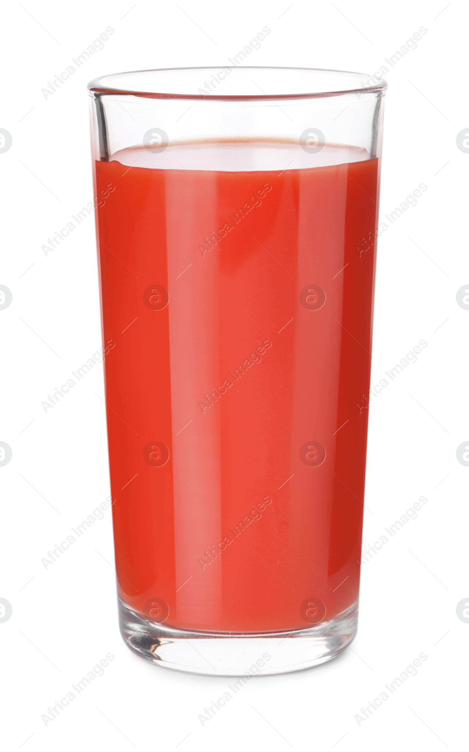 Photo of Fresh tomato juice in glass isolated on white