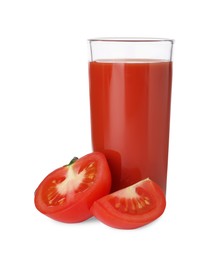 Tasty tomato juice in glass and fresh vegetables isolated on white