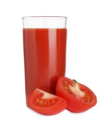 Photo of Tasty tomato juice in glass and fresh vegetables isolated on white