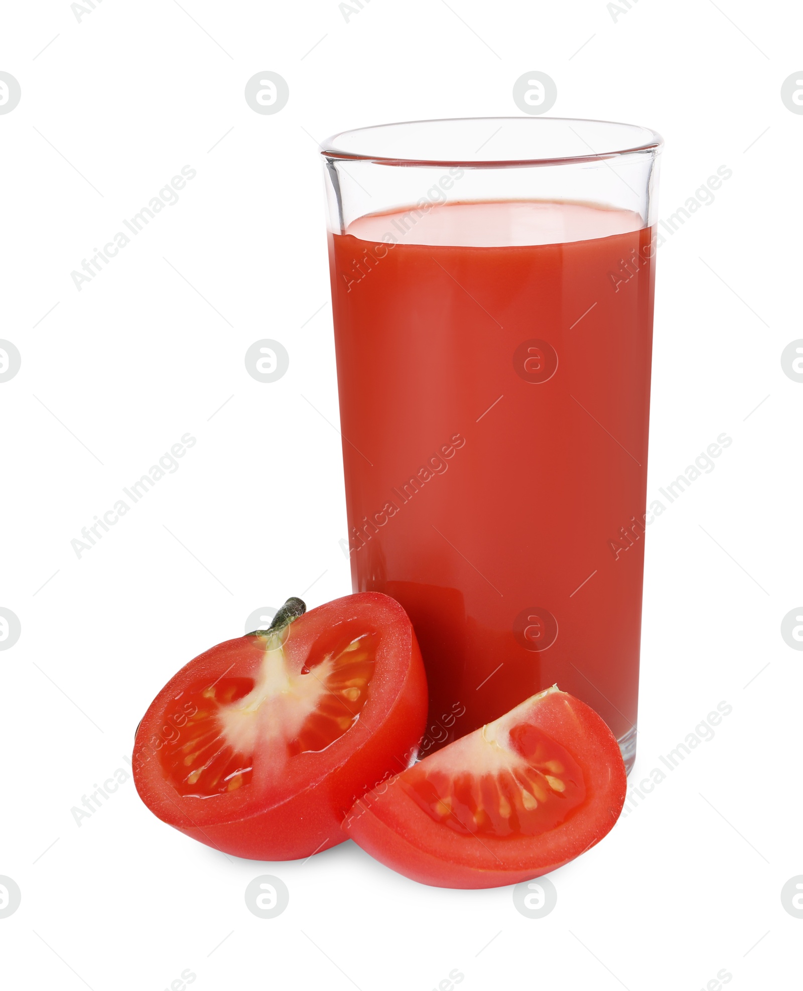 Photo of Tasty tomato juice in glass and fresh vegetables isolated on white