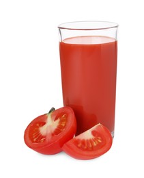 Photo of Tasty tomato juice in glass and fresh vegetables isolated on white