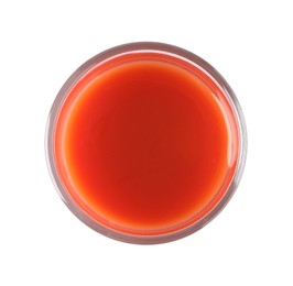 Fresh tomato juice in glass isolated on white, top view