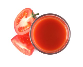 Photo of Tasty tomato juice in glass and fresh vegetables isolated on white, top view