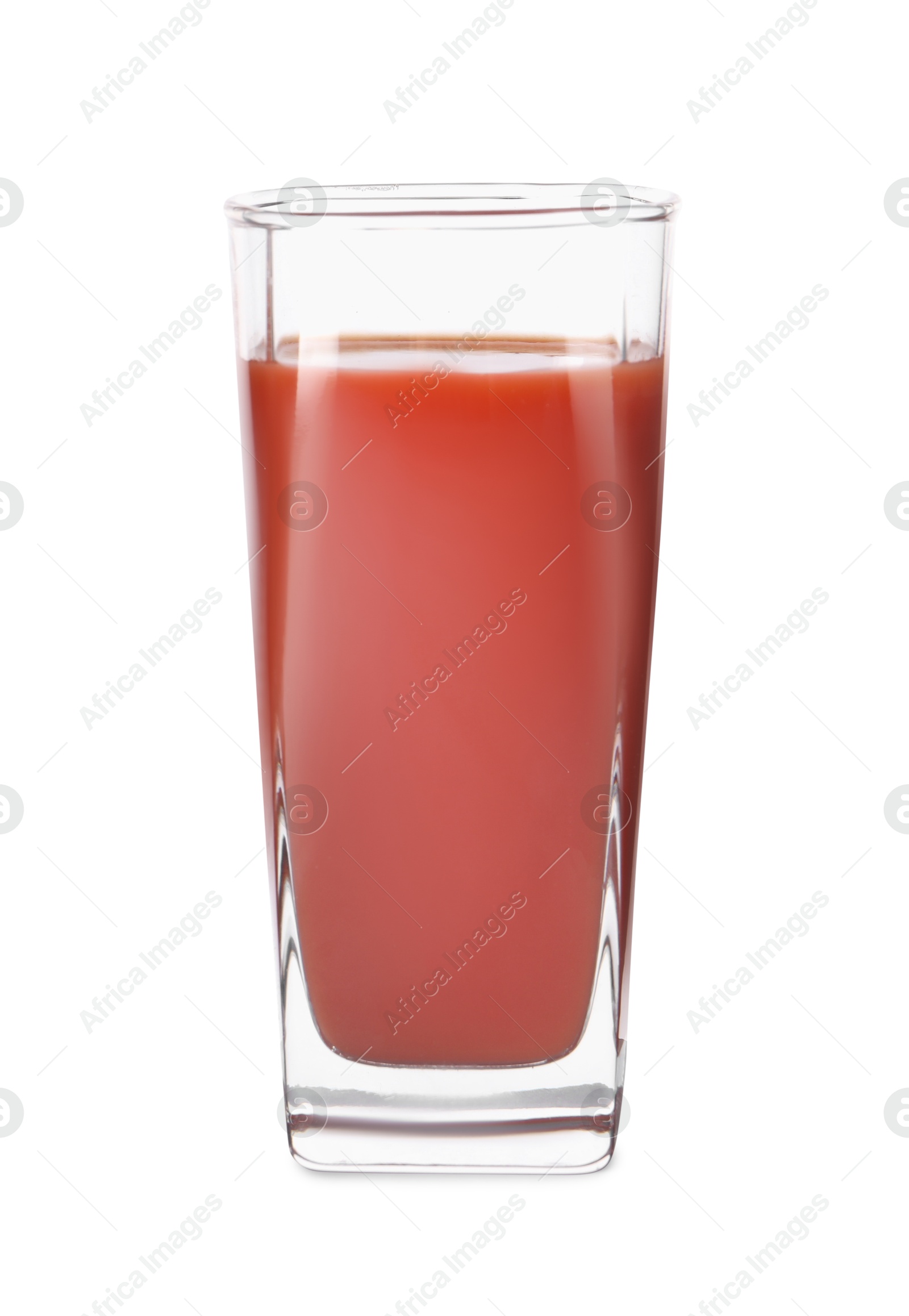 Photo of Fresh tomato juice in glass isolated on white