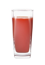 Photo of Fresh tomato juice in glass isolated on white