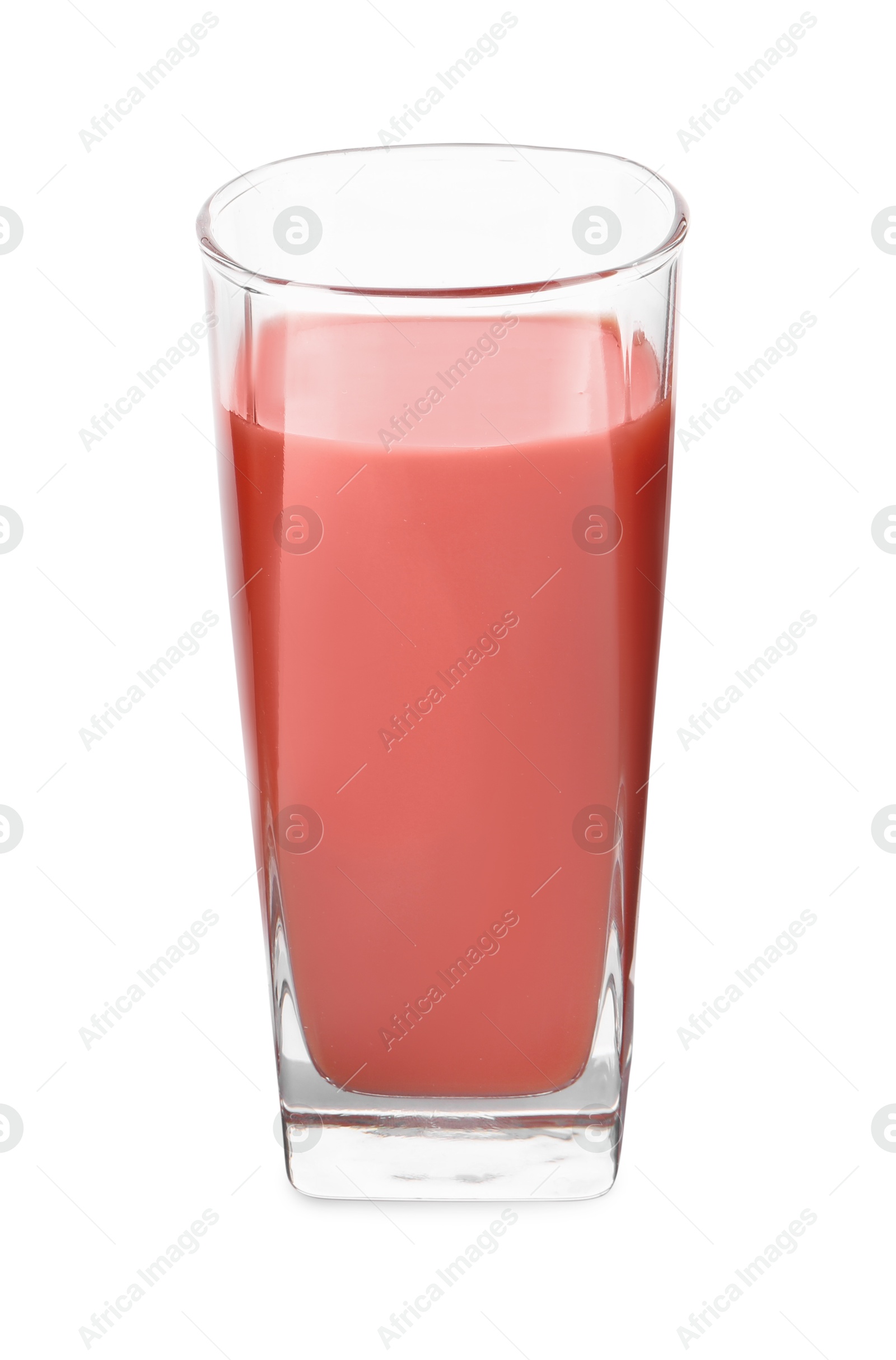 Photo of Fresh tomato juice in glass isolated on white