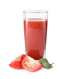 Photo of Tasty tomato juice in glass, basil and fresh vegetables isolated on white