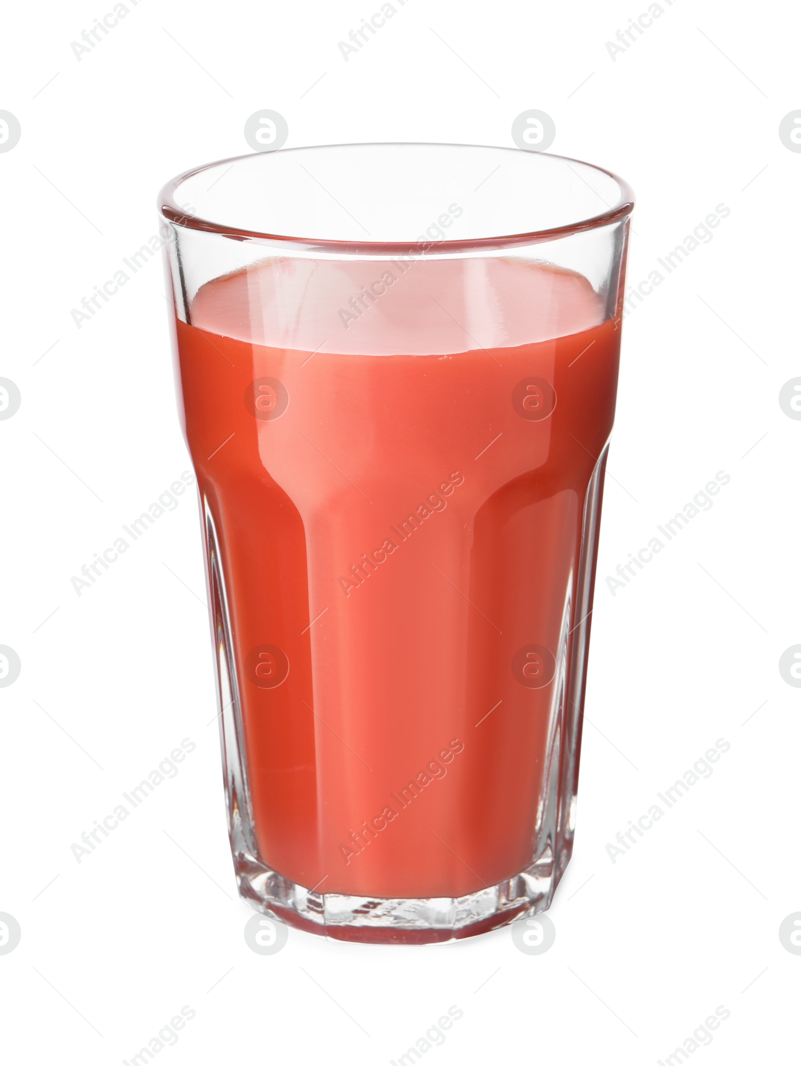 Photo of Fresh tomato juice in glass isolated on white