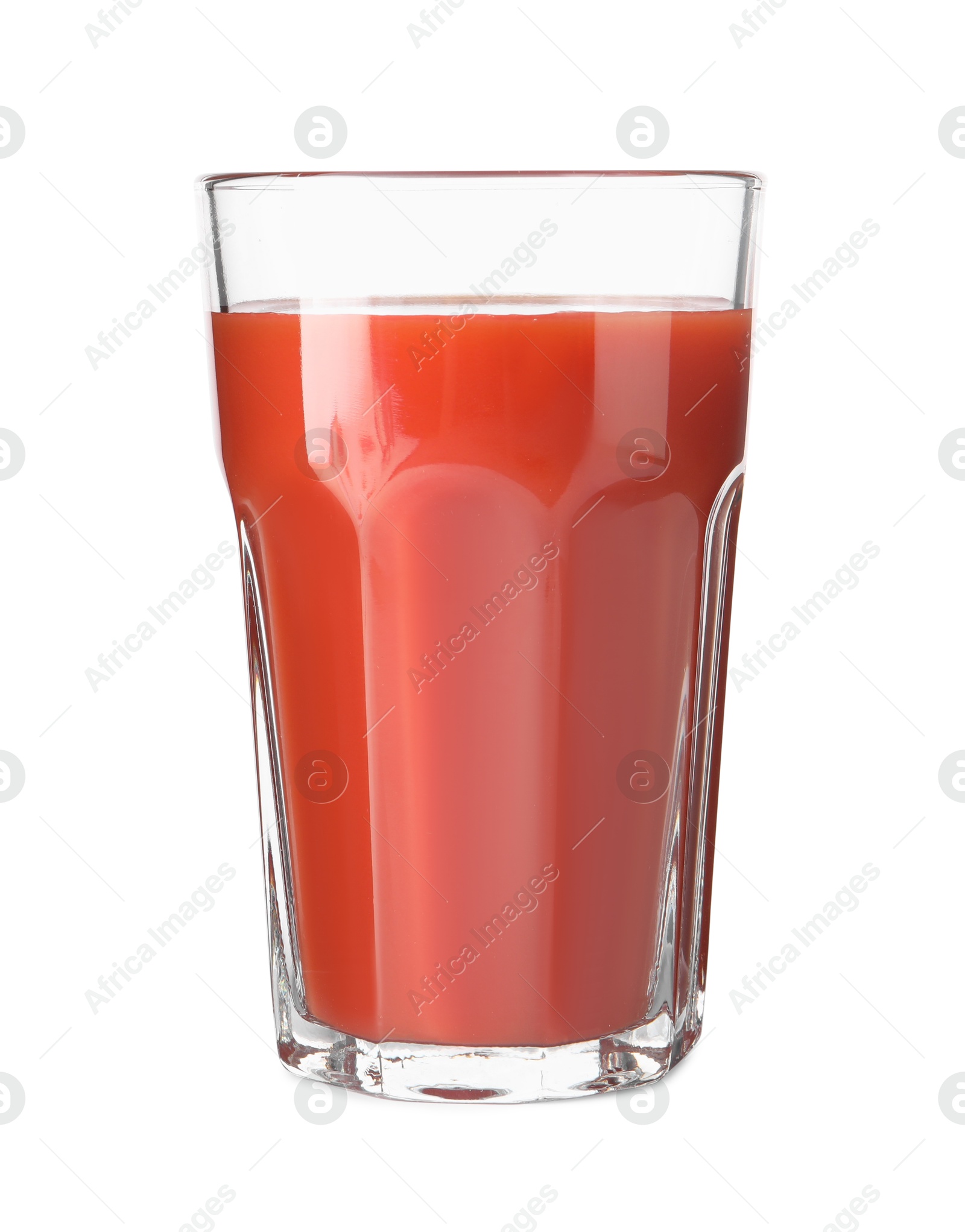 Photo of Fresh tomato juice in glass isolated on white