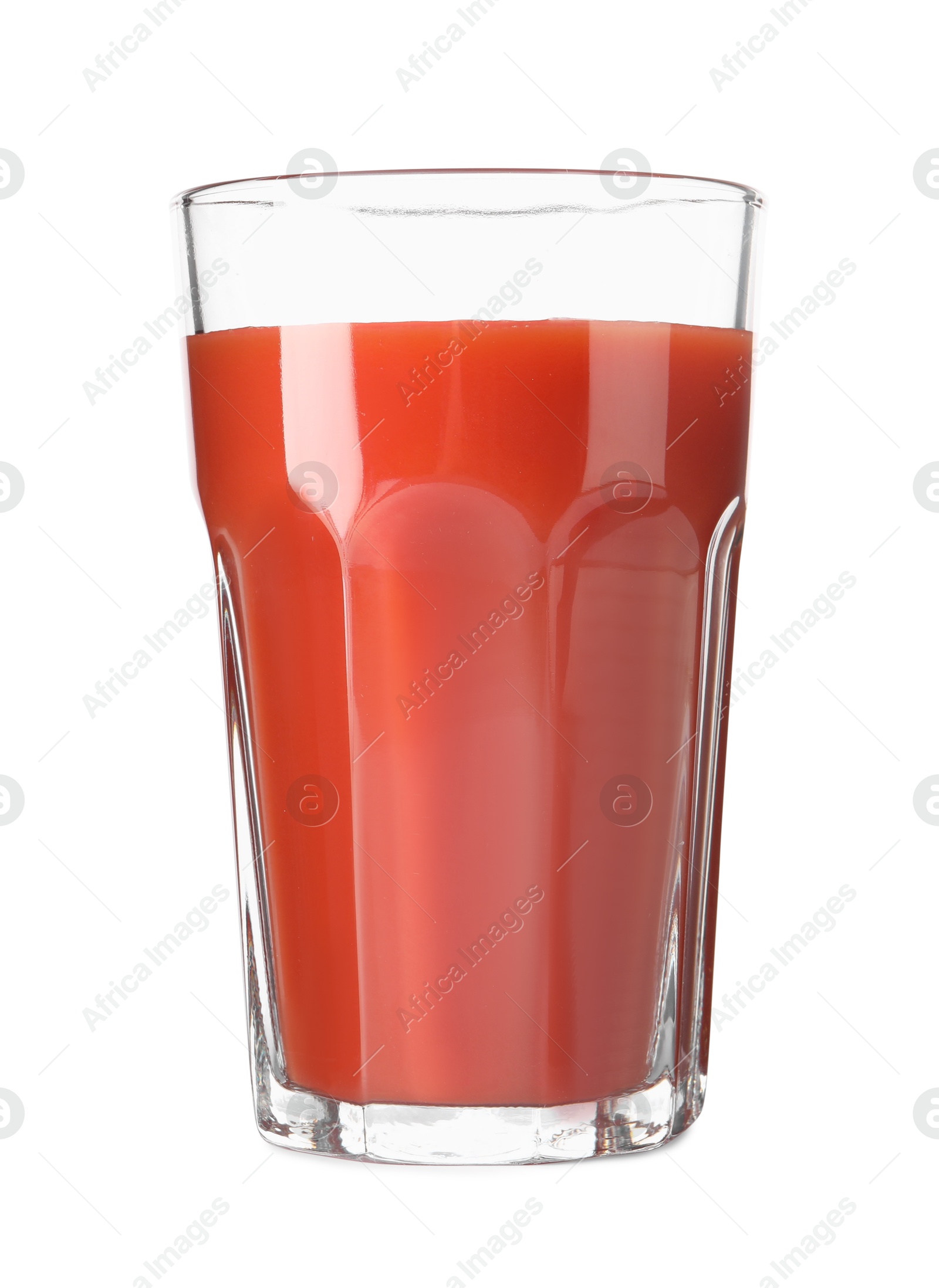 Photo of Fresh tomato juice in glass isolated on white