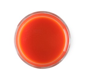 Photo of Fresh tomato juice in glass isolated on white, top view