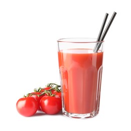 Photo of Tasty tomato juice in glass and fresh vegetables isolated on white