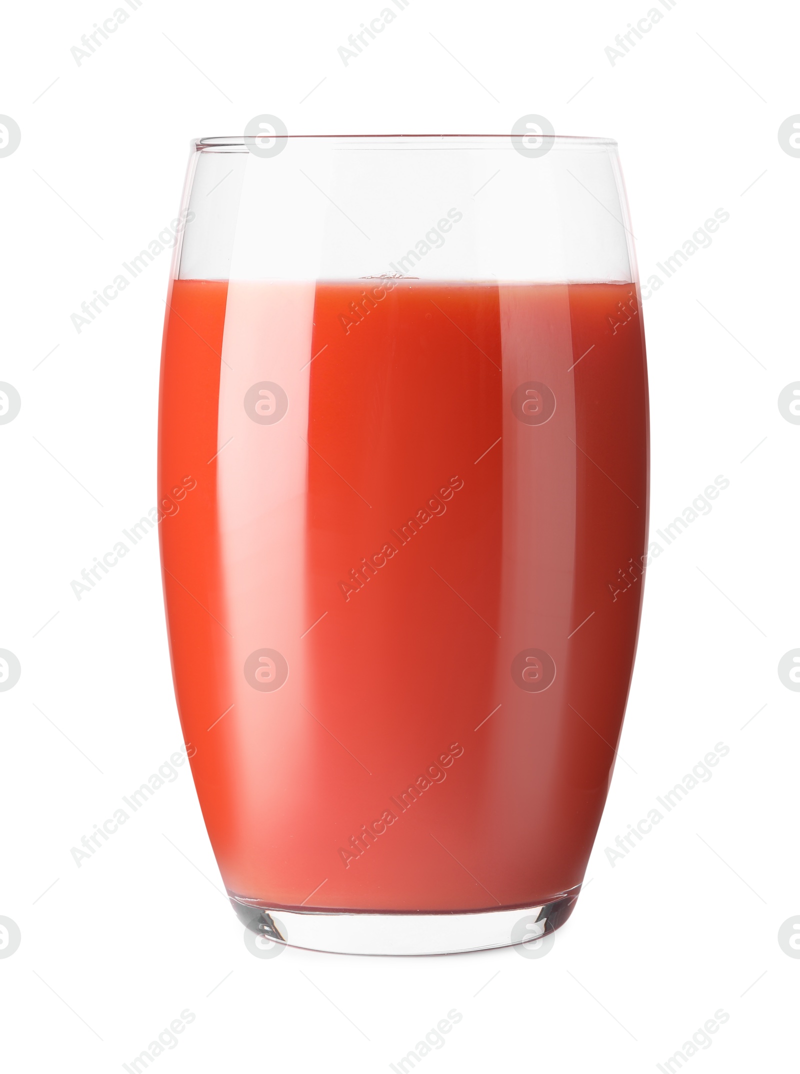 Photo of Fresh tomato juice in glass isolated on white