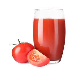 Photo of Tasty tomato juice in glass and fresh vegetables isolated on white