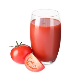 Photo of Tasty tomato juice in glass and fresh vegetables isolated on white