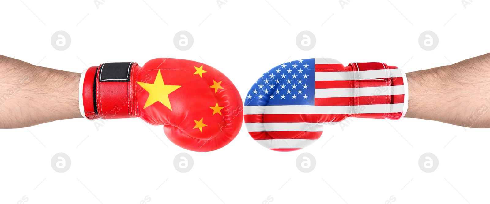 Image of Political conflict. Men in boxing gloves with flags of USA and China fighting on white background, closeup