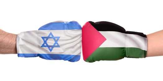 Image of Political conflict. Men in boxing gloves with flags of Israel and Palestine fighting on white background, closeup