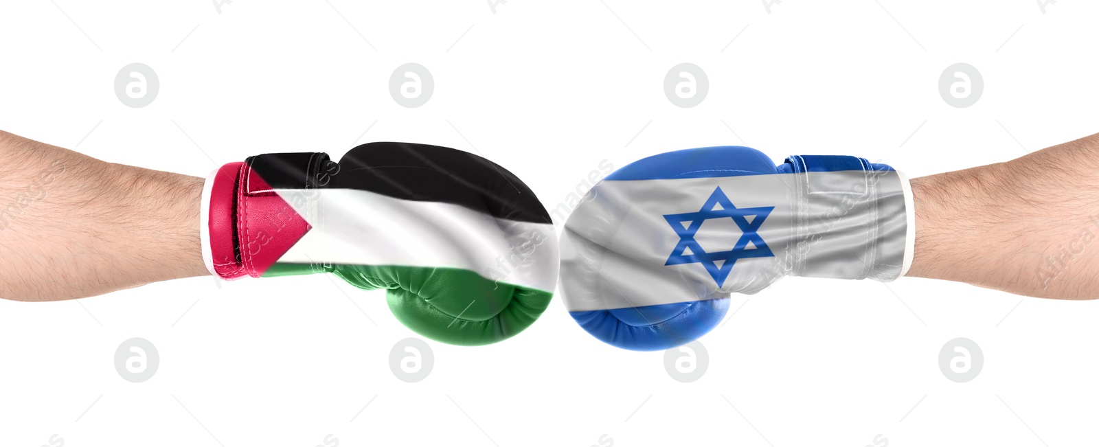 Image of Political conflict. Men in boxing gloves with flags of Israel and Palestine fighting on white background, closeup