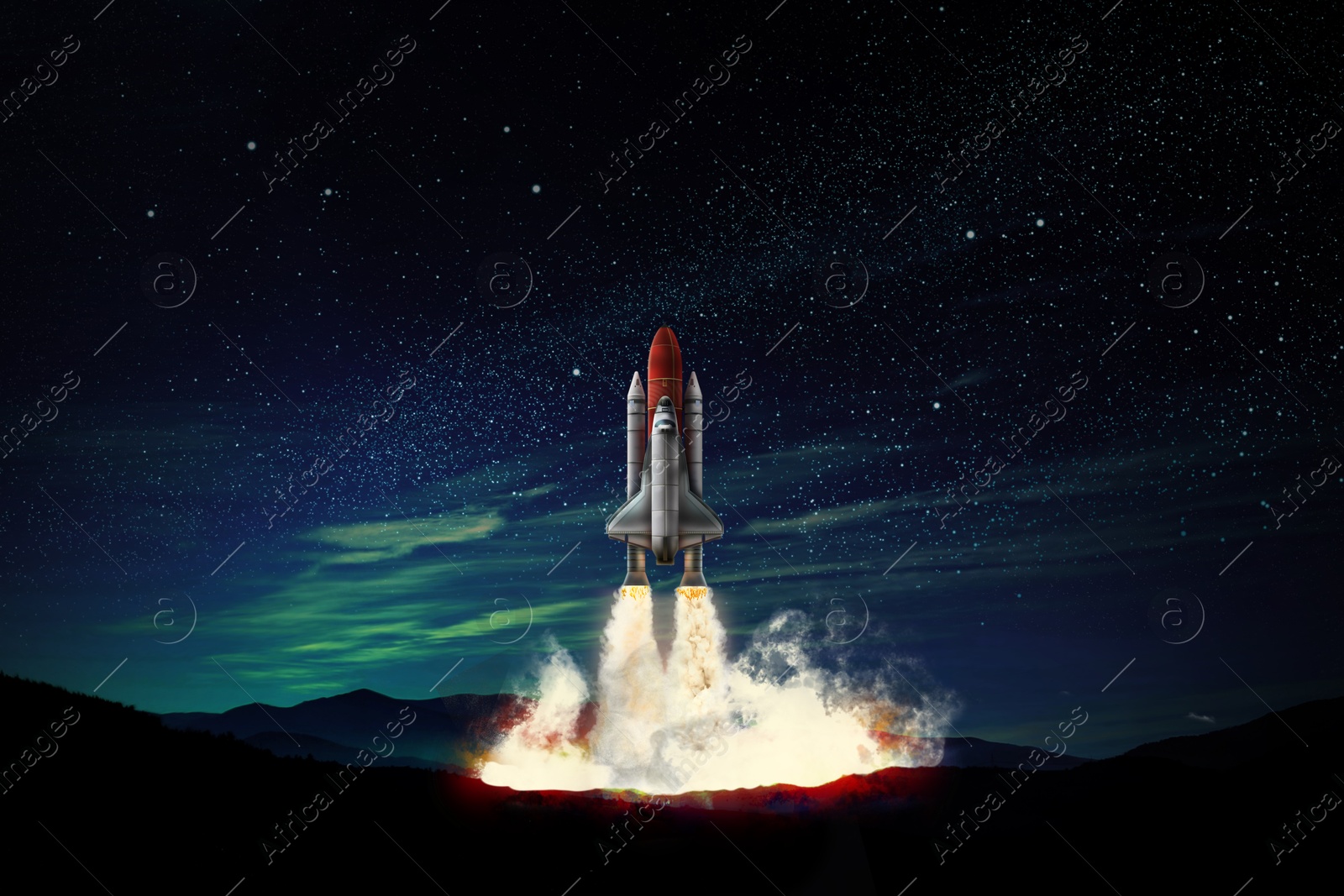 Image of Launch of space rocket in mountains against starry sky at night