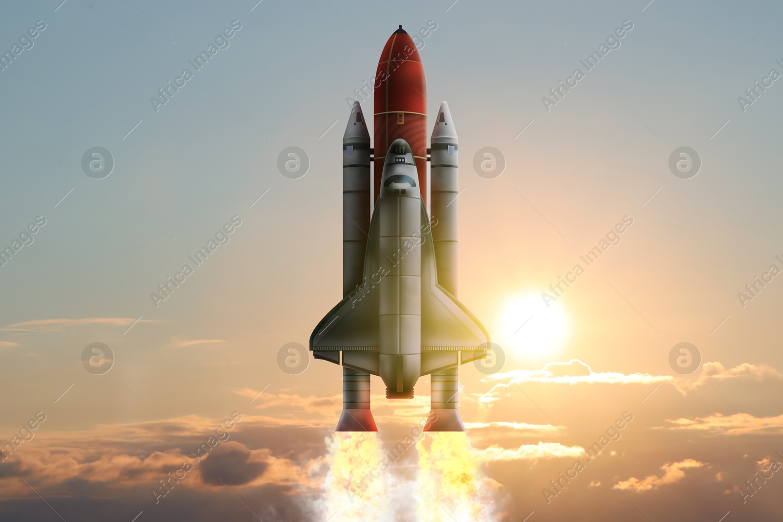 Image of Modern space rocket in beautiful cloudy sky