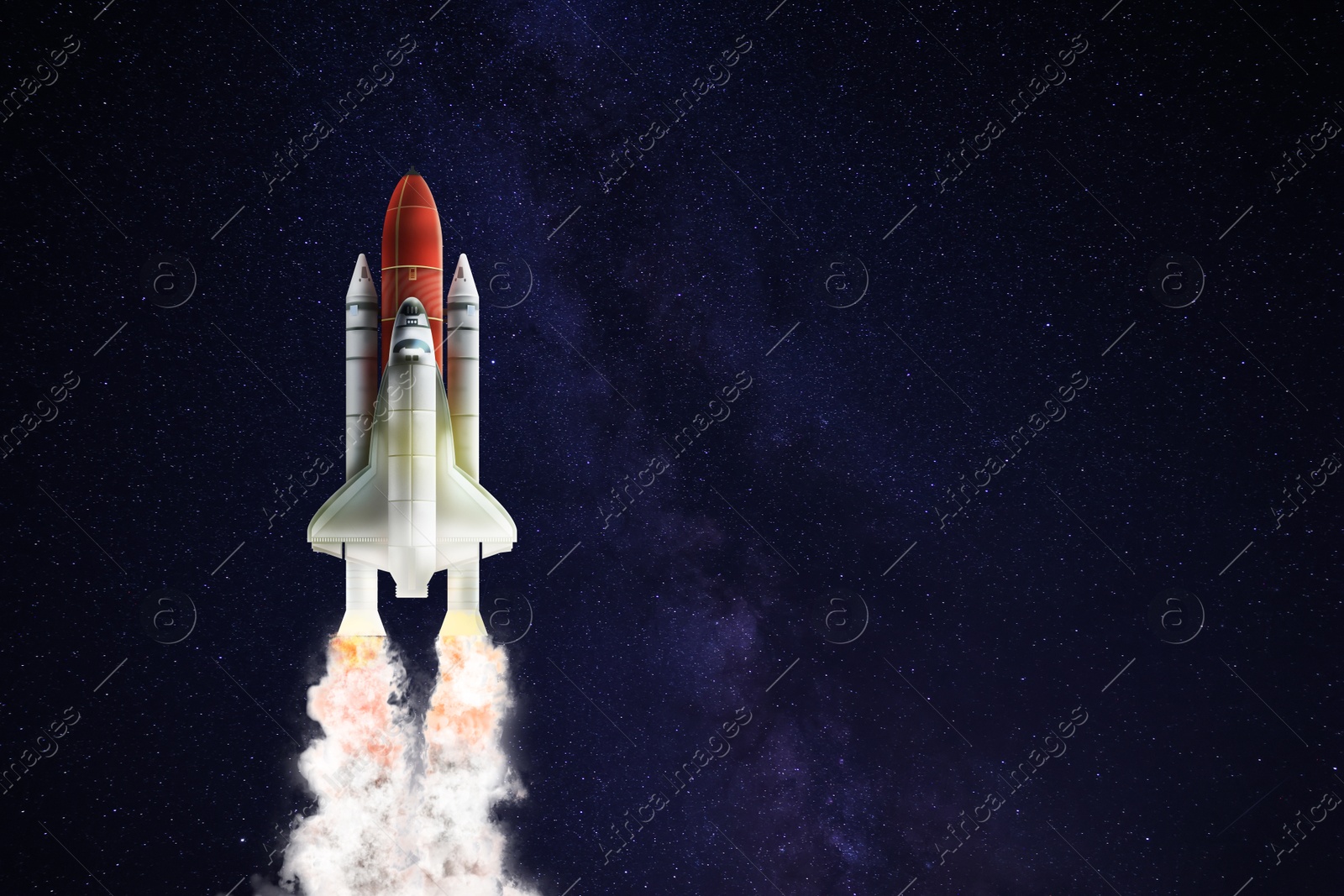 Image of Modern space rocket in beautiful starry sky. Space for text