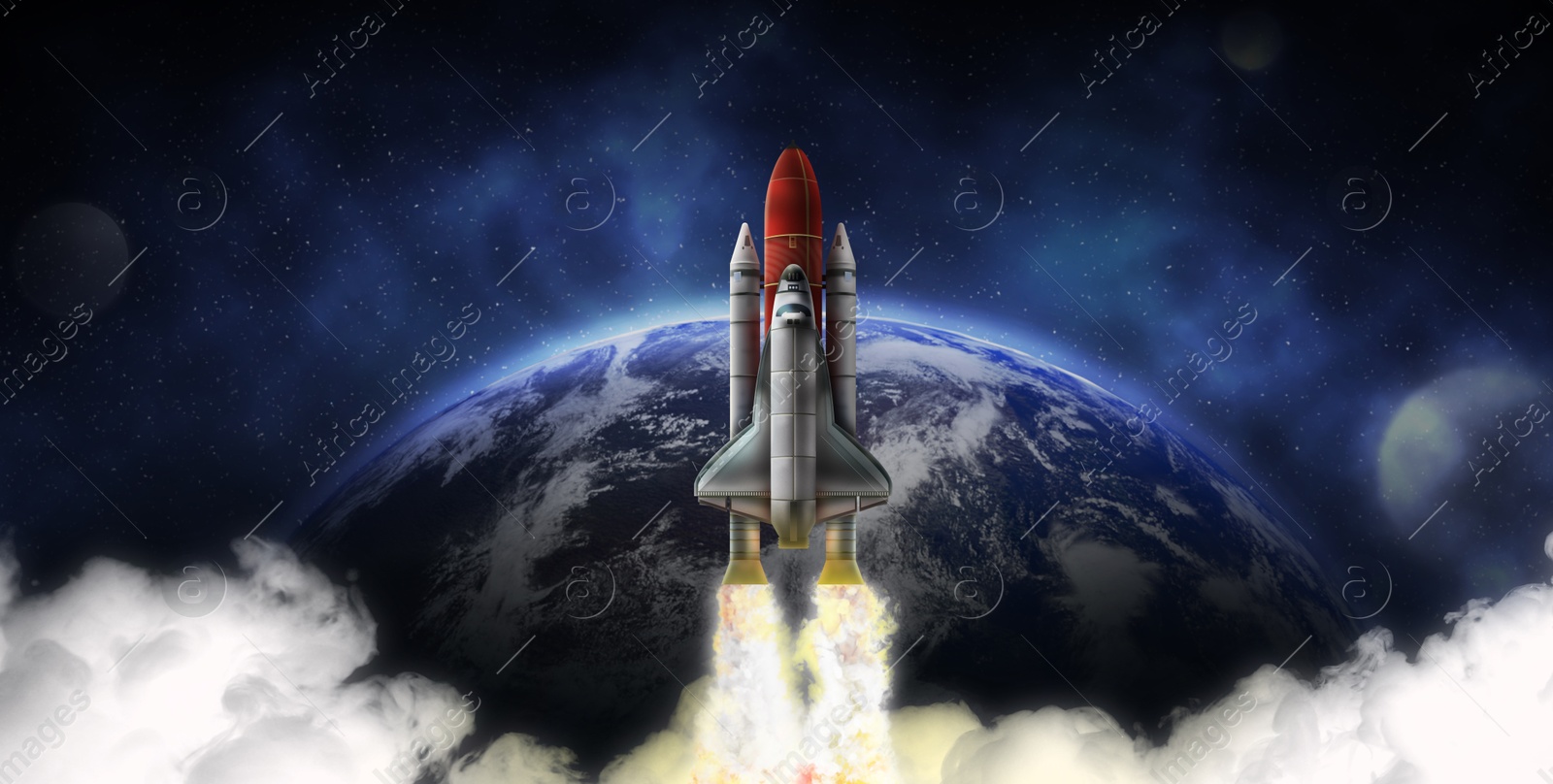 Image of Rocket in space on orbit of planet, banner design