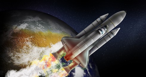 Rocket in space on orbit of planet, banner design
