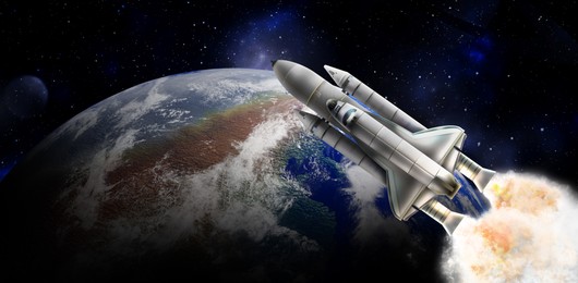 Image of Rocket in space on orbit of planet, banner design