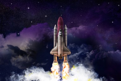 Modern space rocket in beautiful starry sky