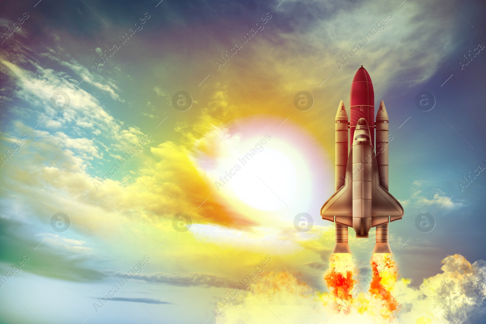 Image of Modern space rocket in beautiful cloudy sky