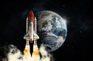 Rocket in space on orbit of planet