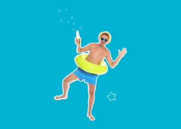 Image of Happy man with beer and inflatable ring on light blue background. Summer vibe