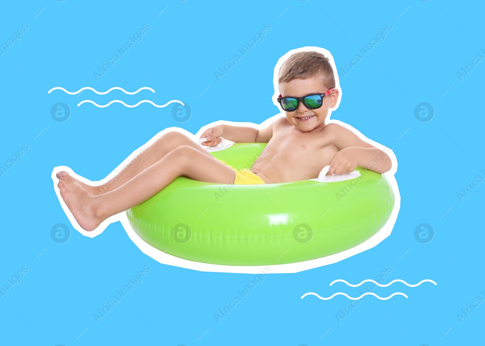 Image of Cute little boy with inflatable ring on water, summer art collage