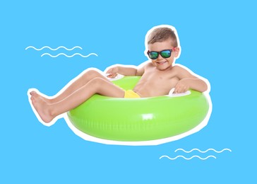 Cute little boy with inflatable ring on water, summer art collage