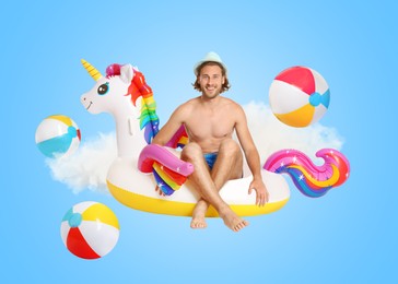 Happy man with unicorn inflatable ring among beach balls on light blue background. Summer art collage