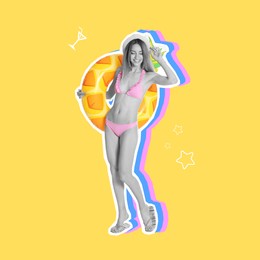 Happy woman with inflatable ring on beige background. Summer art collage