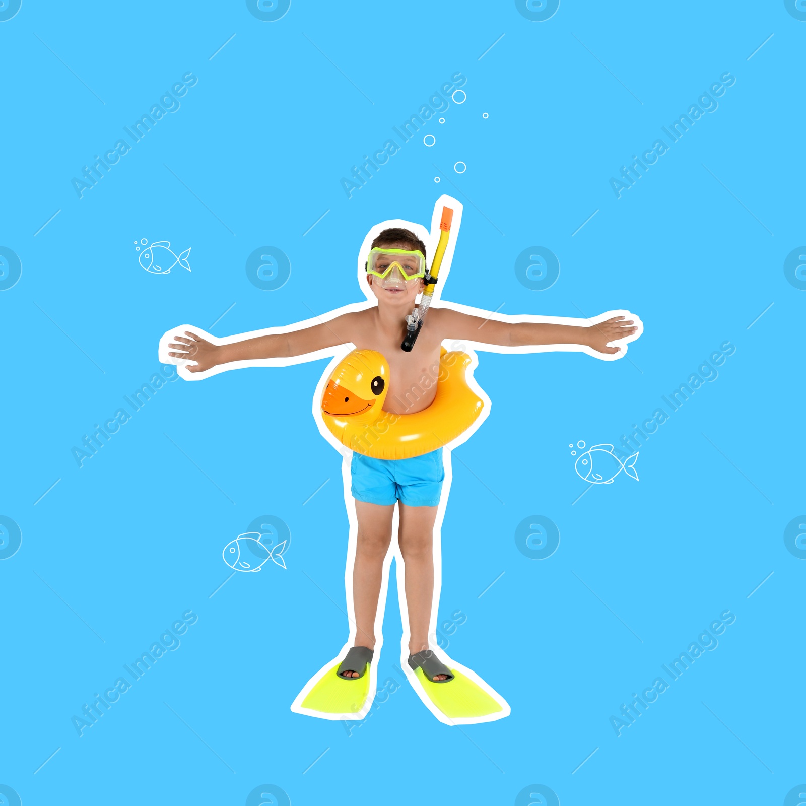 Image of Cute little child in beachwear with bright inflatable ring in water, summer art collage