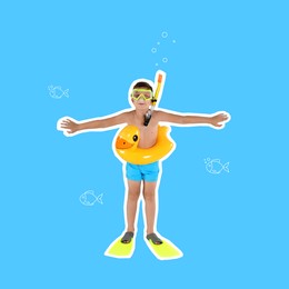 Cute little child in beachwear with bright inflatable ring in water, summer art collage