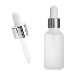 Image of Pipette and bottle with cosmetic product isolated on white, collage