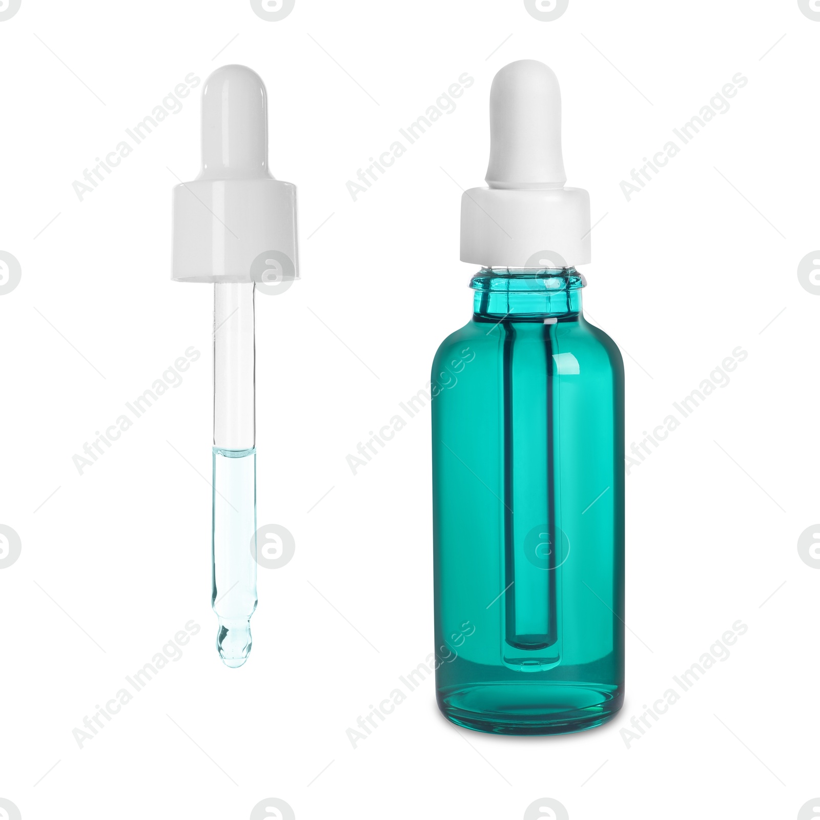 Image of Pipette and bottle with cosmetic product isolated on white, collage