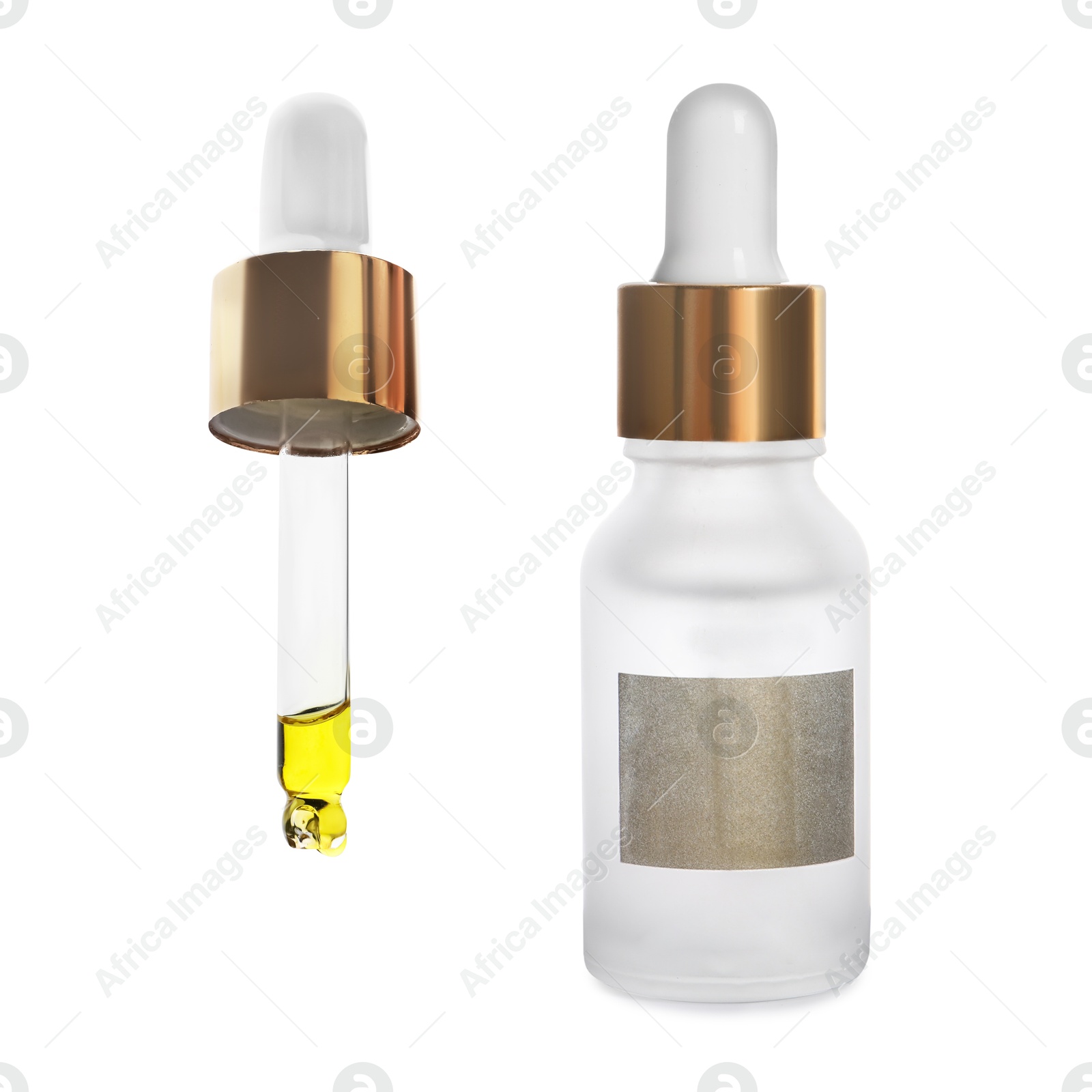 Image of Pipette and bottle with cosmetic product isolated on white, collage