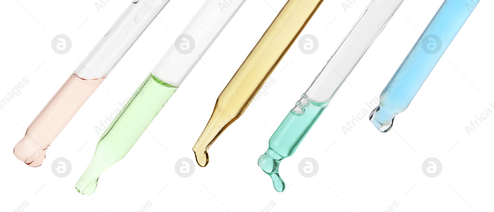 Image of Pipettes with different cosmetic products isolated on white, collection