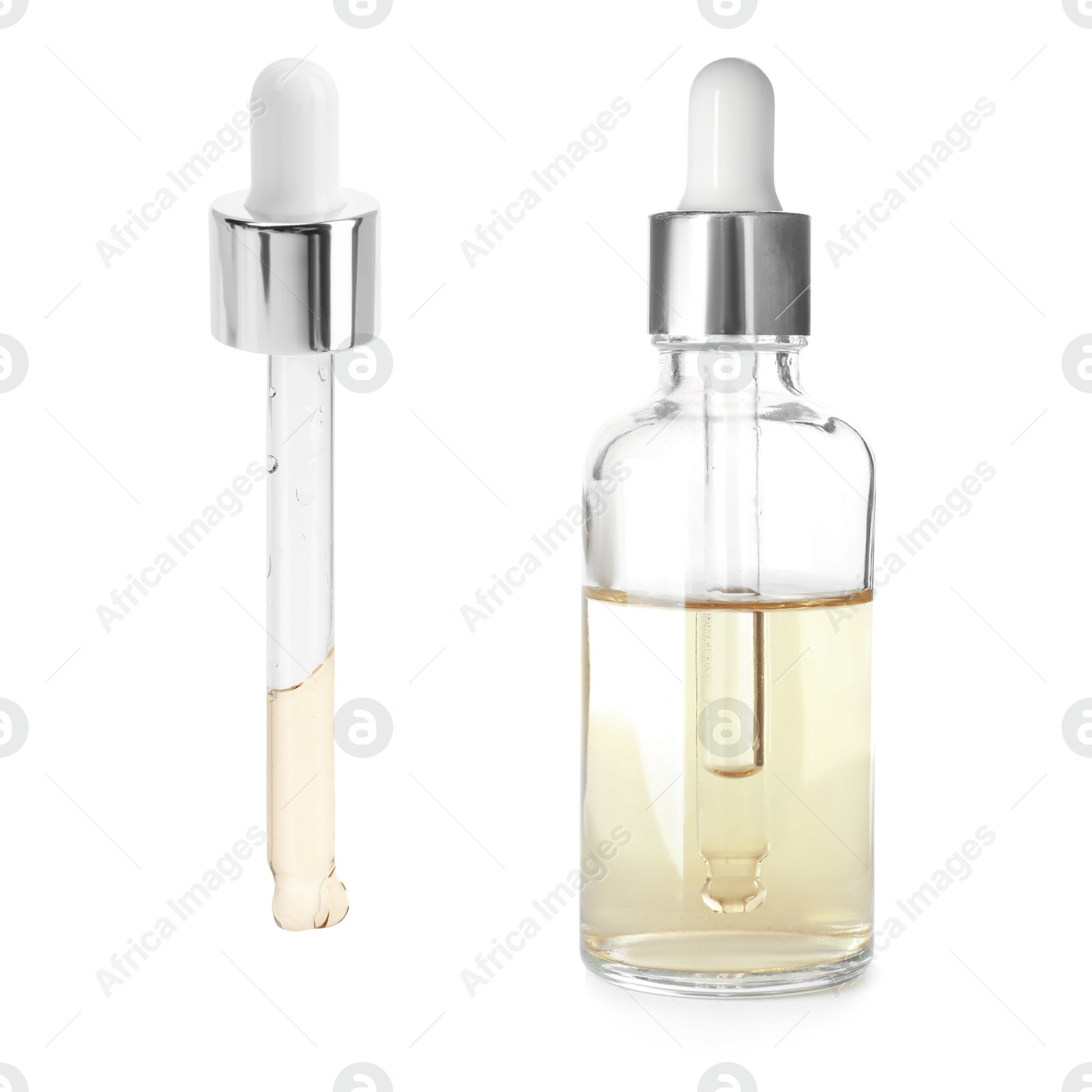 Image of Pipette and bottle with cosmetic product isolated on white, collage