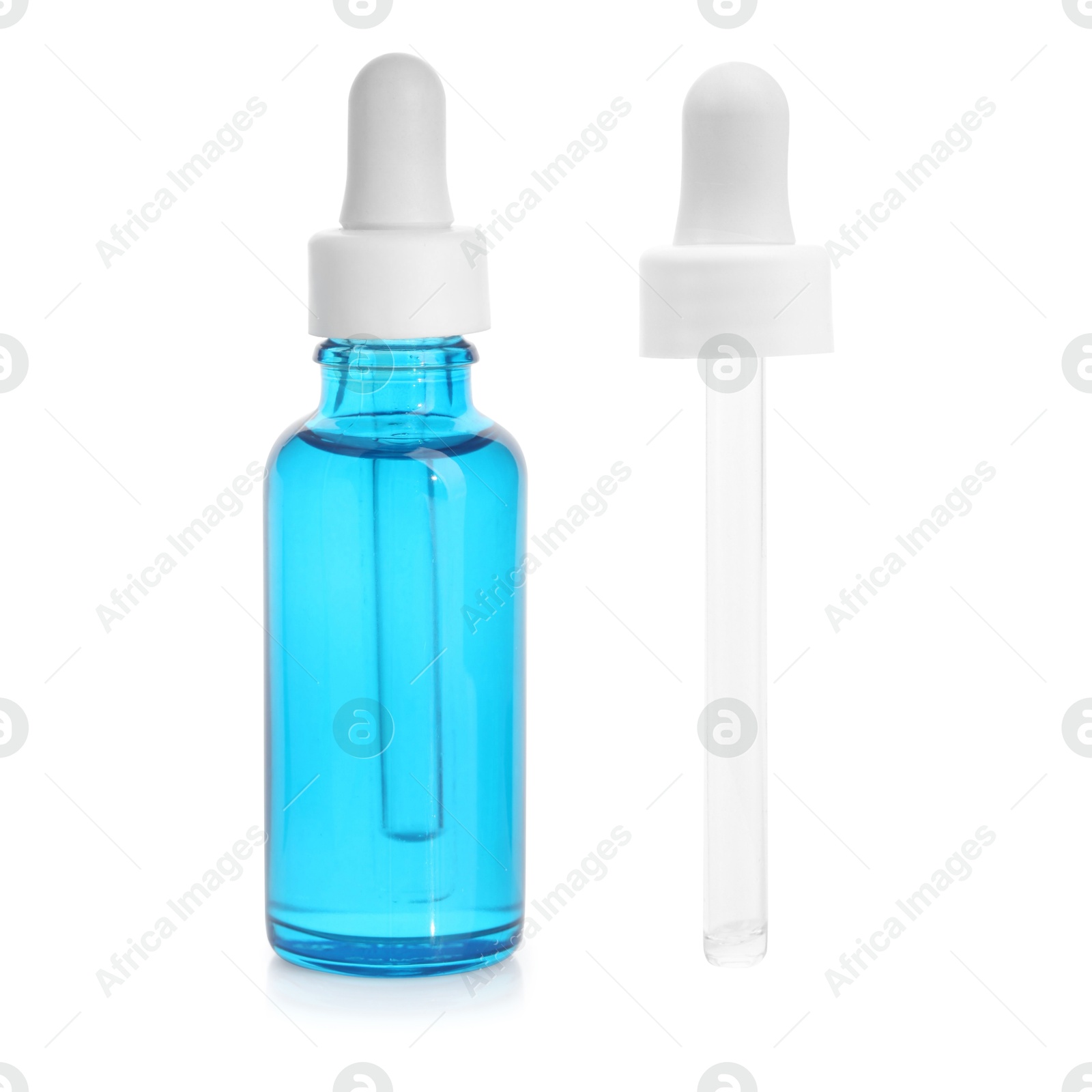 Image of Pipette and bottle with cosmetic product isolated on white, collage