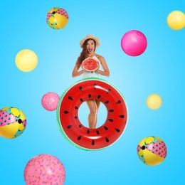 Image of Happy woman with watermelon and inflatable ring among falling beach balls on light blue background. Summer vibe