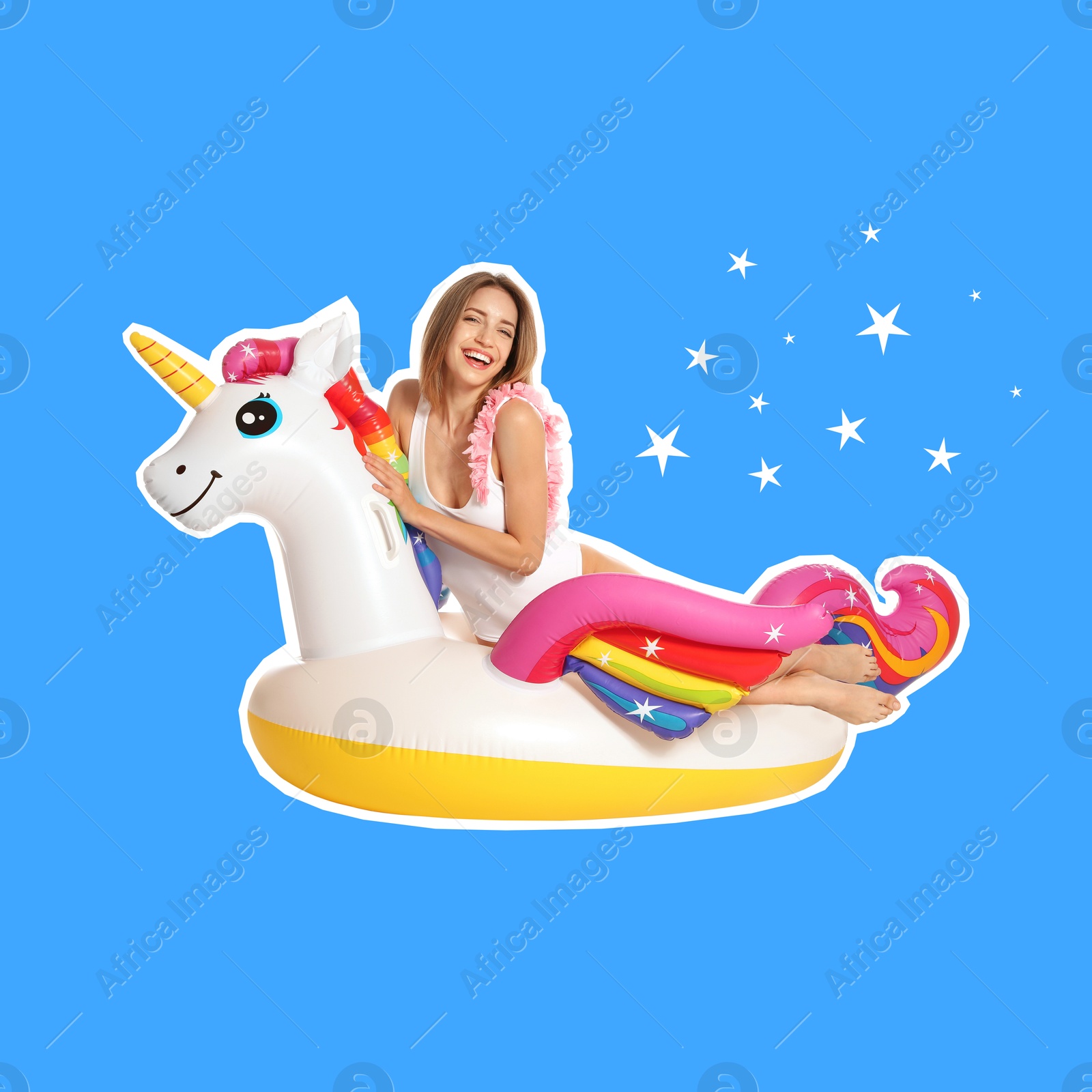 Image of Happy woman with unicorn inflatable ring on light blue background. Summer vibe