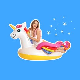 Image of Happy woman with unicorn inflatable ring on light blue background. Summer vibe