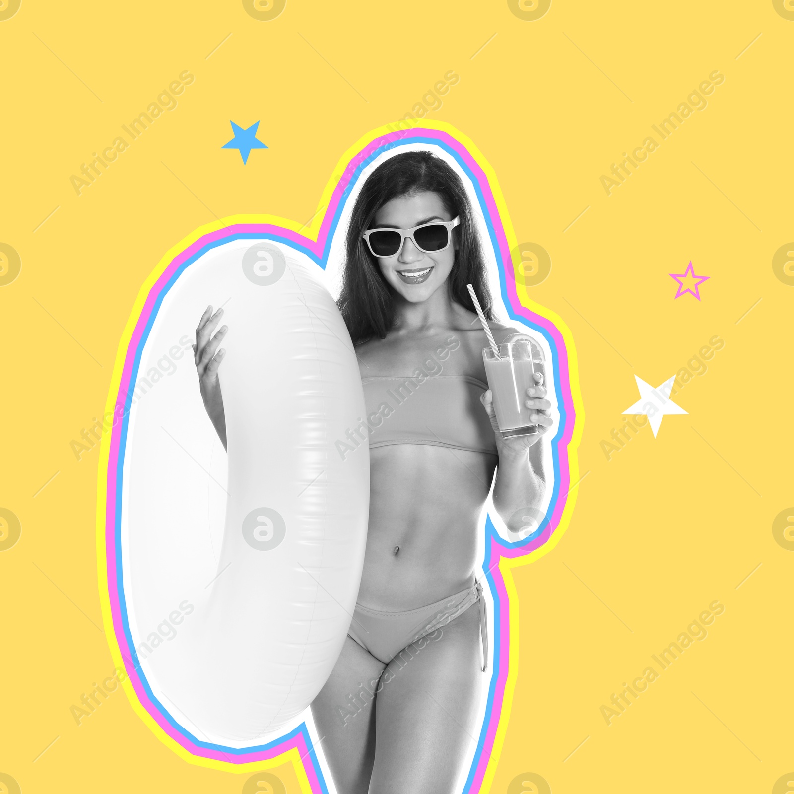 Image of Happy woman with cocktail and inflatable ring on beige background. Summer art collage