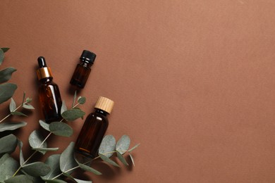 Photo of Aromatherapy. Bottles of essential oil and eucalyptus branches on brown background, flat lay. Space for text
