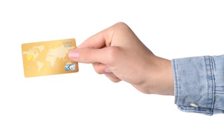 Photo of Man holding credit card on white background, closeup